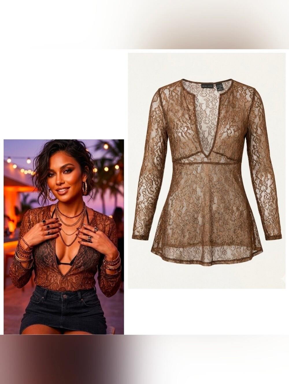 NWOT Vintage New York & Company Metallic Copper Sheer Lace Plunge Top - Size XS